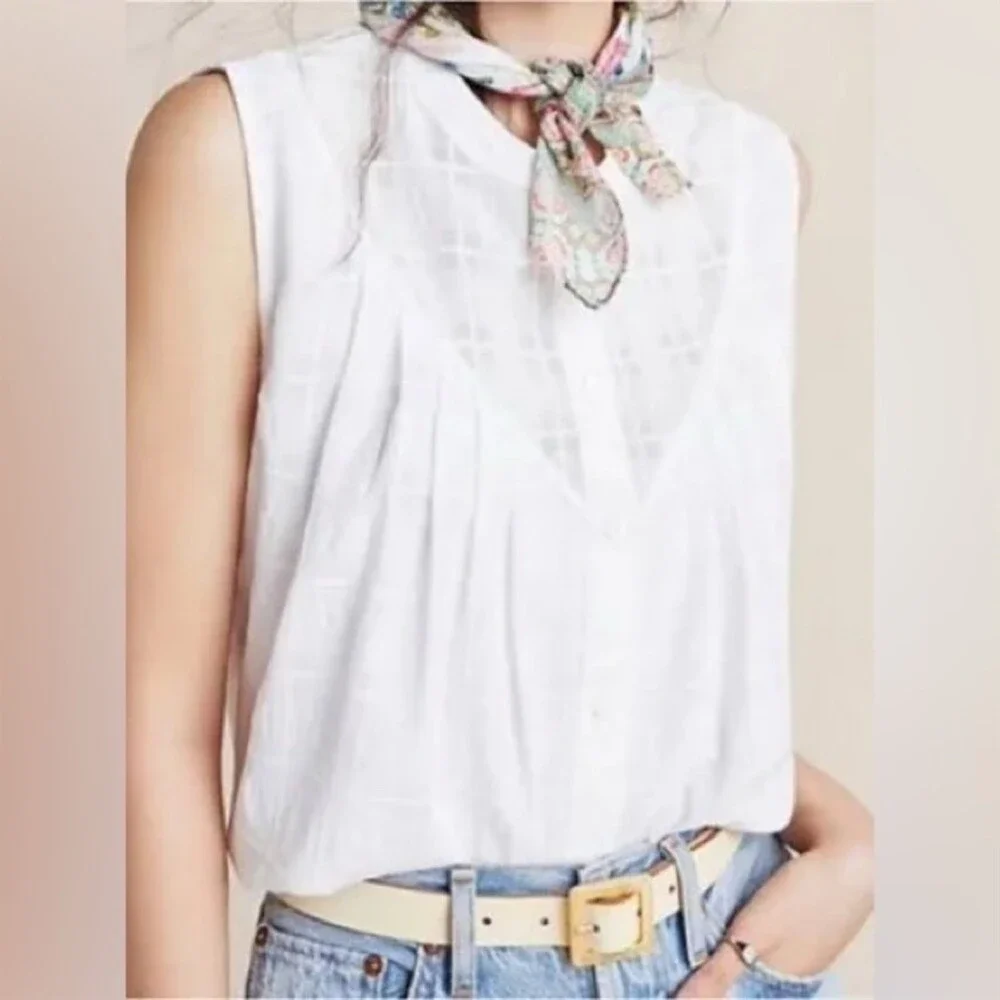 NWT Anthropologie Current Air Piper Windowpane Tank Top White Medium - Picture 1 of 9